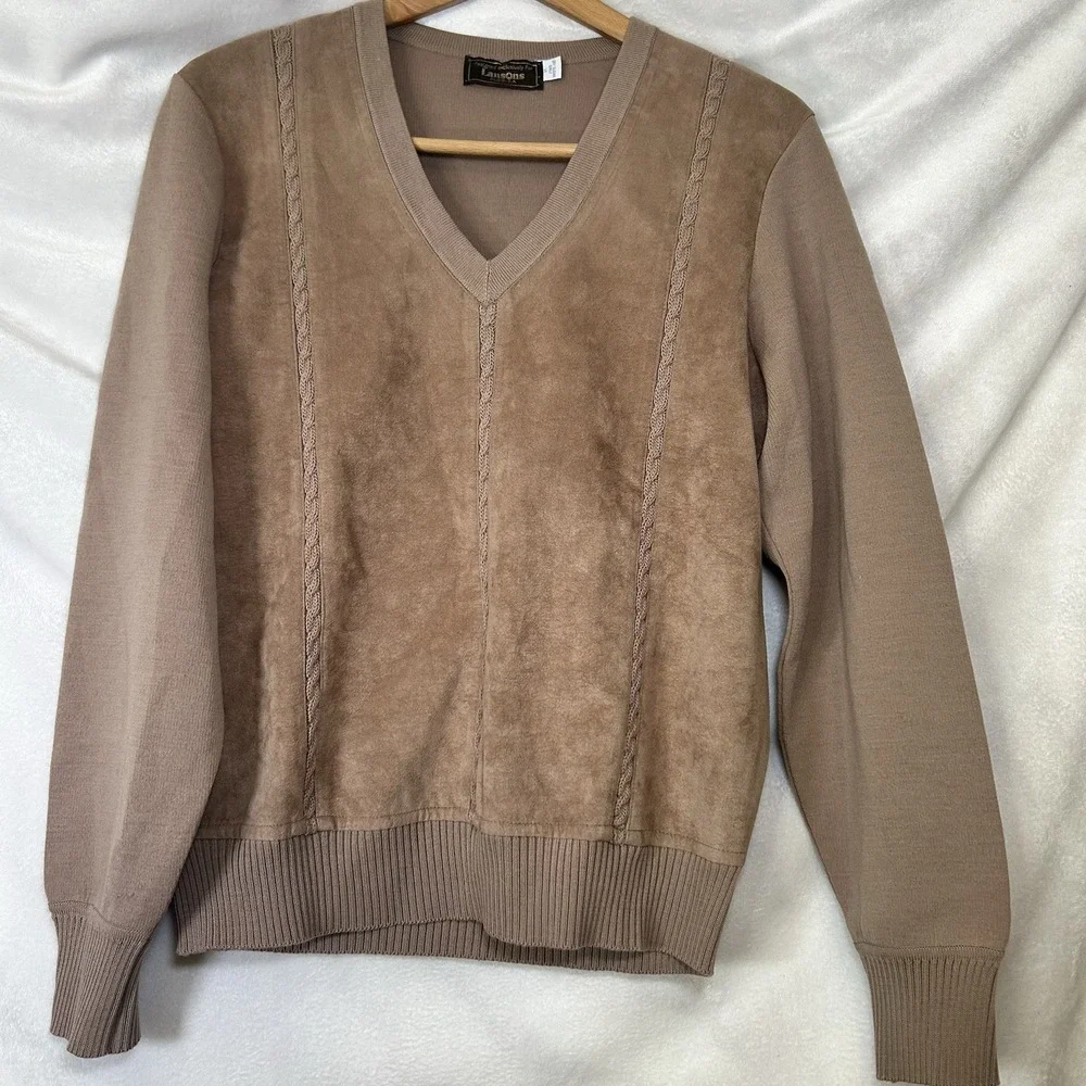 VTG 80s Lansons Of Florida Tan 100% Zephyr Wool Ultra Suede Sweater‎ Top Size S